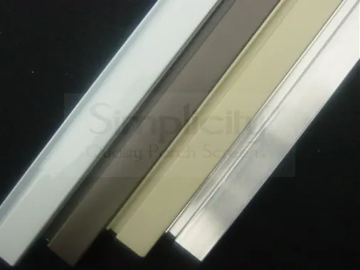 Simplicity screen frame samples shown in mill, bronze, white and tan finishes