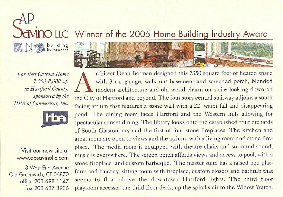 Text page of the A.P. Savino 2005 Home Building Industry Award writeup