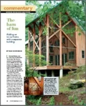 Commentary page from the "Barn of Fun" article, showing a timber-framed structure