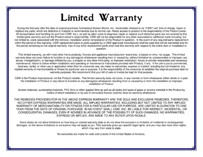 Front page of the Simplicity Screens limited warranty document