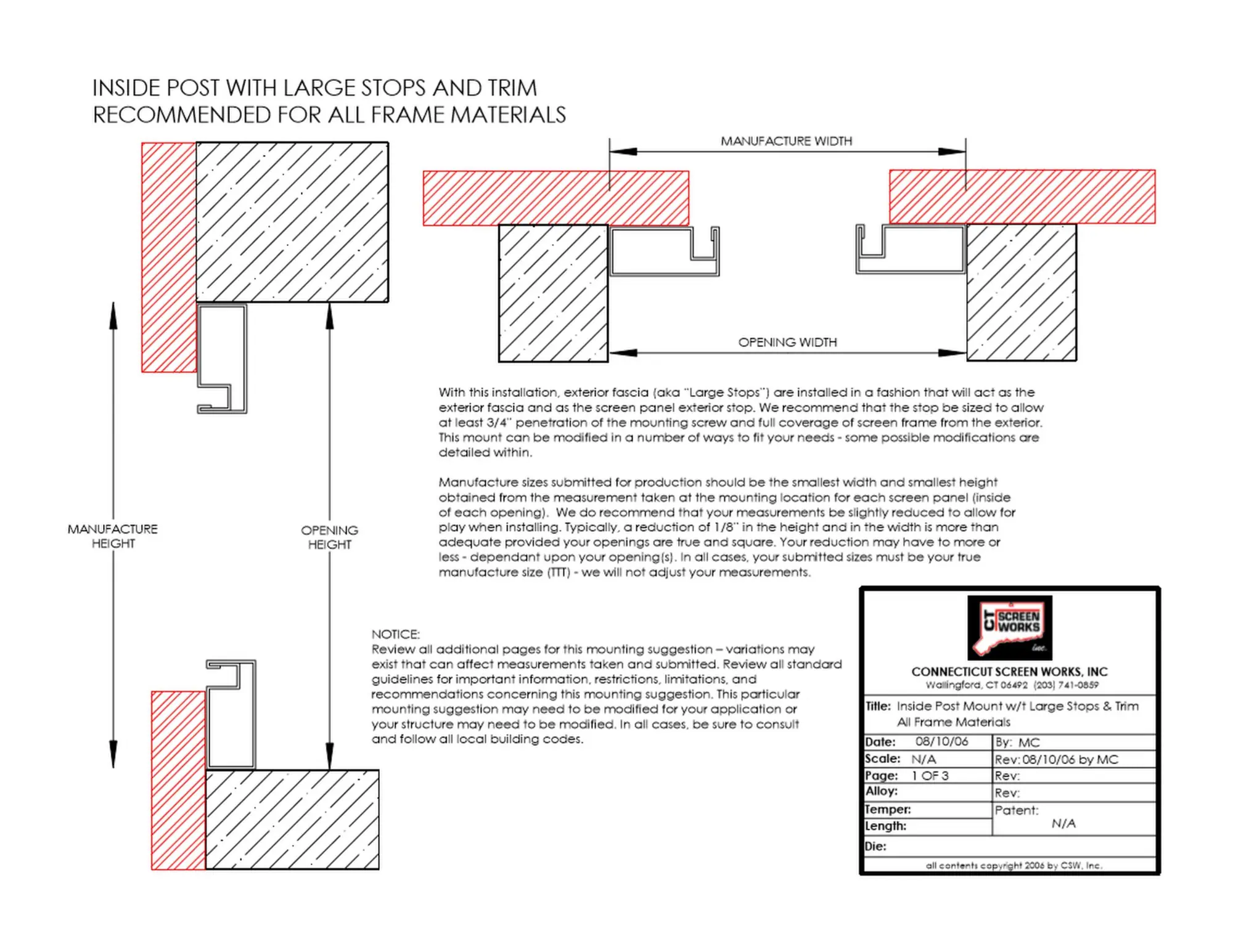 Porch post with large stops and trim for an inside-mounted screen