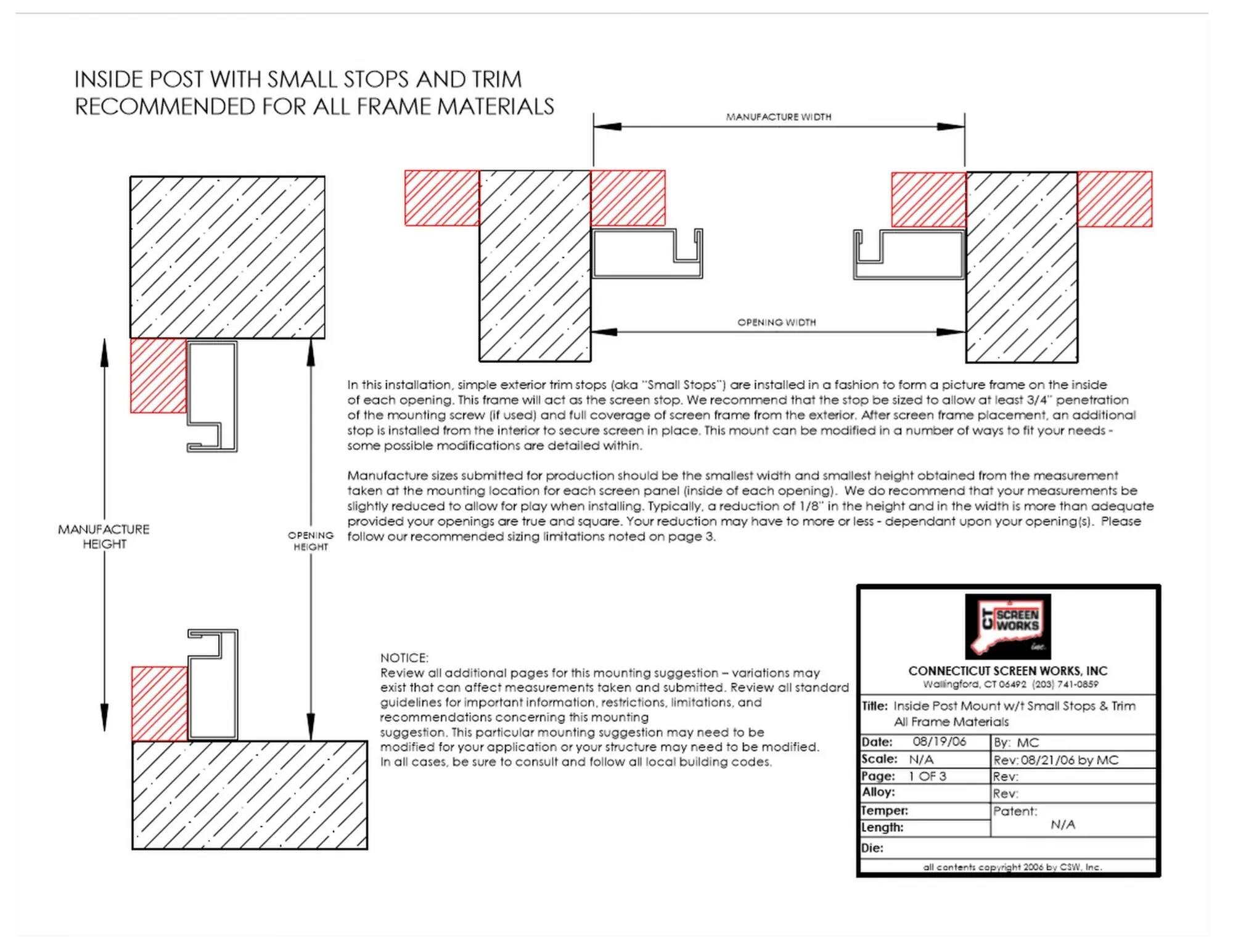 Porch post with small stops and trim for an inside-mounted screen