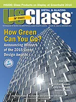 USGlass Metal & Glazing cover, "How Green Can You Go?", showing a tapering glass tower facade